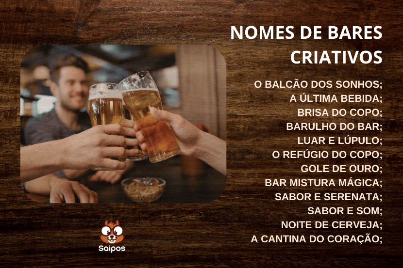 ideias para criar bons nomes de bar em um fundo amadeirado e imagem de pessoas brindando com copo de cerveja.