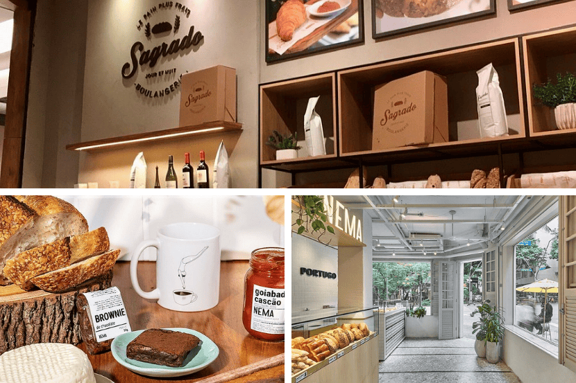 Montagem de três fotos de padarias modernas. Acima, imagem da franquia Sagrado Boulangerie que mostra prateleiras com pães e vinhos; abaixo à esquerda, pães, café e brownie; à direita, interior clean da franquia Nema com balcão de vidro e vista para a rua.