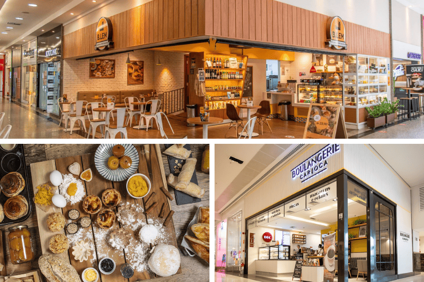 Loja da franquia B.Lem em shopping com mesas brancas. Abaixo, mesa rústica com farinha e doces portugueses, ao lado da fachada moderna de uma Boulangerie Carioca em tons de branco e preto.