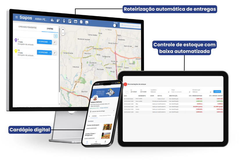 Ilustração do melhor sistema para restaurante em computador, tablet e celular, mostrando roteirização automática de entregas, controle de estoque com baixa automatizada e cardápio digital Saipos