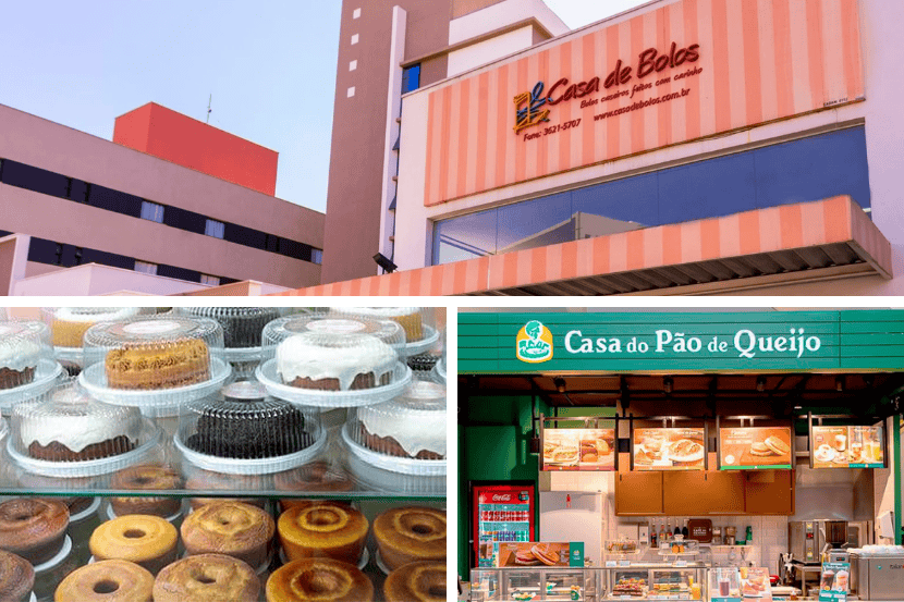 Montagem de franquias de alimentação. No topo, fachada da Casa de Bolos. Abaixo, à esquerda, vários bolos em embalagens plásticas e, à direita, um quiosque verde da Casa do Pão de Queijo.