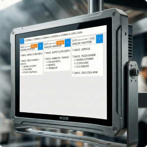 Monitor KDS da Saipos, mostando 3 pedidos