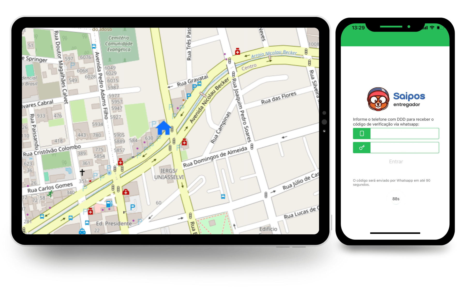 Tablet exibe mapa urbano com rotas e ícone de casa azul. Ao lado, smartphone mostra tela de login do app "Saipos Entregador" com campos de verificação e cronômetro de 88 segundos.