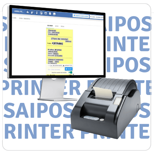 A esquerda tela de computador com o sistema da Saipos aberto na página de edição de comanda impressa. A direita há uma impressora térmica preta com uma comanda sendo impressa. Ao fundo letras azuis escrevem saipos printer.
