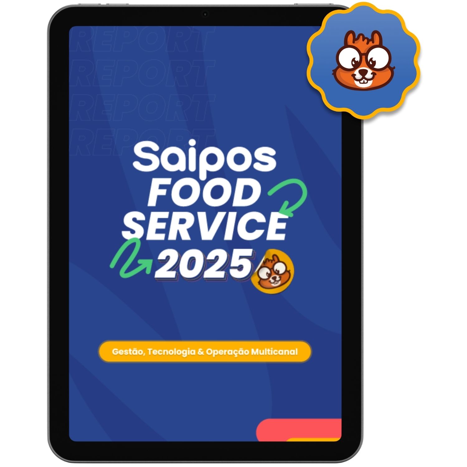Tablet com o e-book aberto na página de capa que diz "Saipos food service 2025"