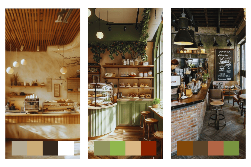 Três imagens verticais de interiores de padarias com diferentes estilos de decoração. Abaixo de cada foto, há uma paleta com quatro cores predominantes de cada ambiente.