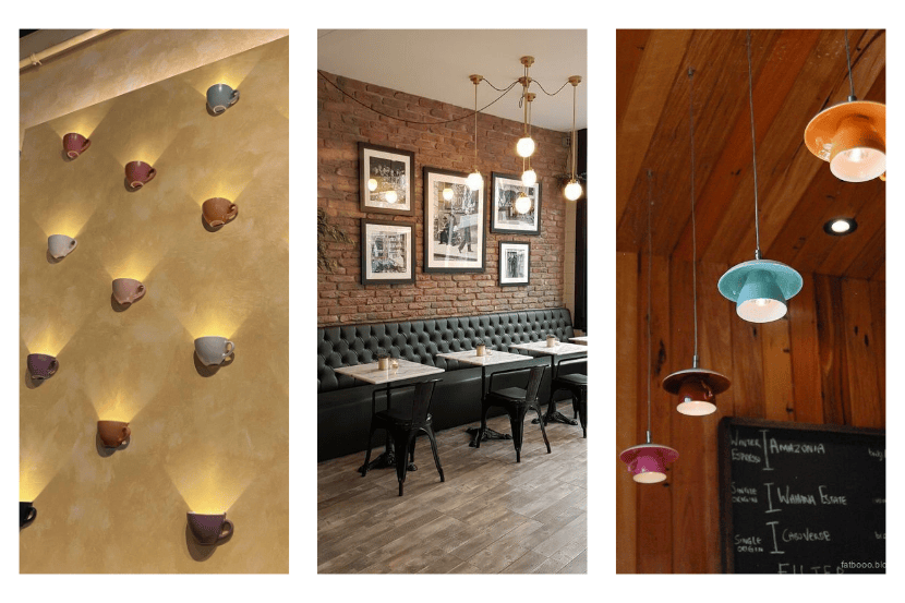 Três imagens verticais de decorações de padarias: xícaras coloridas fixadas na parede como luminárias; mesas com sofá capitonê preto e parede de tijolos; luminárias pendentes em tons de azul e laranja.