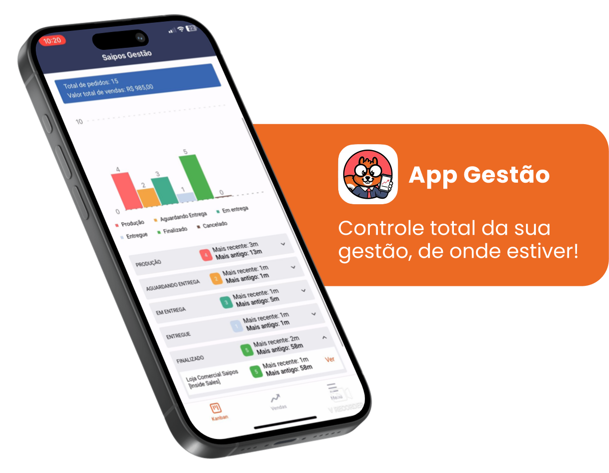 celular a esquerda mostrando um relatório do aplicativo de gestão. No lado direito há uma imagem do logo da Saipos no App e o texto "App Gestão: controle total da sua gestão, de onde estiver!"