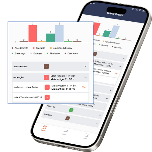 Imagem de um celular ao fundo, que mostra um relatório do aplicativo. Em frente ao aparelho, um quadrado mostra a mesma tela, só que com mais destaque