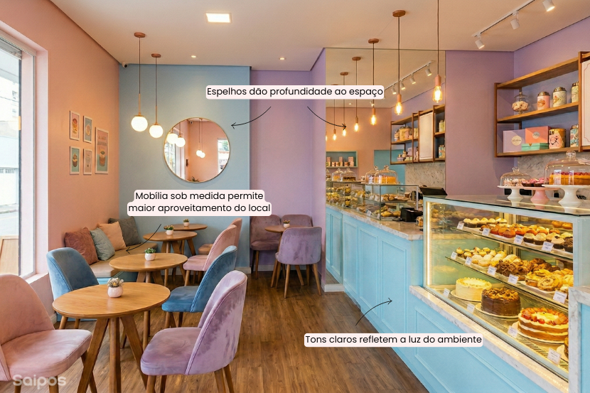 Interior de doceria pequena em tons pastel, com mesas de madeira, cadeiras coloridas, espelhos na parede e balcão com bolos e doces expostos, ambiente iluminado e acolhedor. Saipos