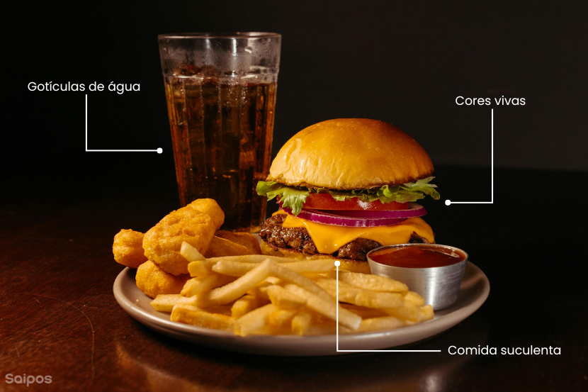 Hambúrguer com queijo, alface e cebola no prato com batatas fritas, onion rings e refrigerante ao fundo, ilustrando estratégias de como aumentar as vendas de uma hamburgueria com a Saipos.