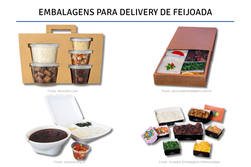 Quatro fotos de embalagens para delivery de feijoada: potes plásticos com suporte, caixa com divisórias, marmita de isopor e caixinhas individuais coloridas. Visual diversificado e prático.