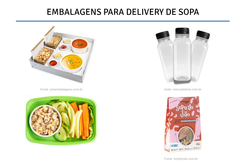Embalagens para delivery de sopa" com quatro exemplos: caixa com potes e acompanhamentos; garrafas plásticas; marmita com vegetais; e pacote de sopa pronta da marca Holysoup