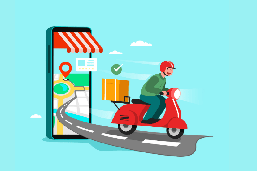 Ilustração de entregador em scooter vermelha saindo de celular com mapa e toldo de loja. Leva caixa amarela e ícone de check. Fundo azul.