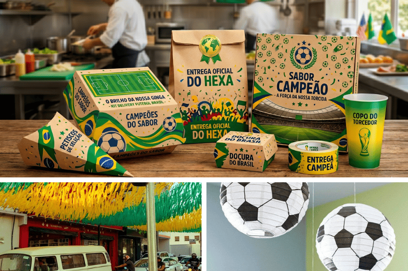 Colagem de Copa do Mundo: embalagens de delivery temáticas em verde e amarelo; rua decorada com franjas suspensas do Brasil; e duas luminárias de papel em formato de bola de futebol.