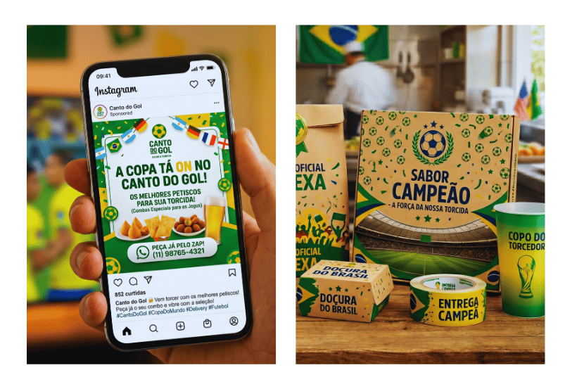 Colagem: celular mostra post de Instagram com combos da Copa do Mundo e, ao lado, embalagens de delivery temáticas em verde e amarelo.