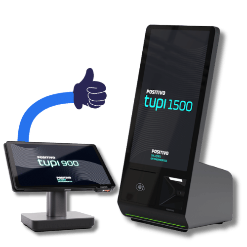 imagem do totem tupi 900 (tablet com suporte), acima dele há um braço ilustrado, onde a mão faz o sinal positivo. Ao lado está o totem tupi 1500