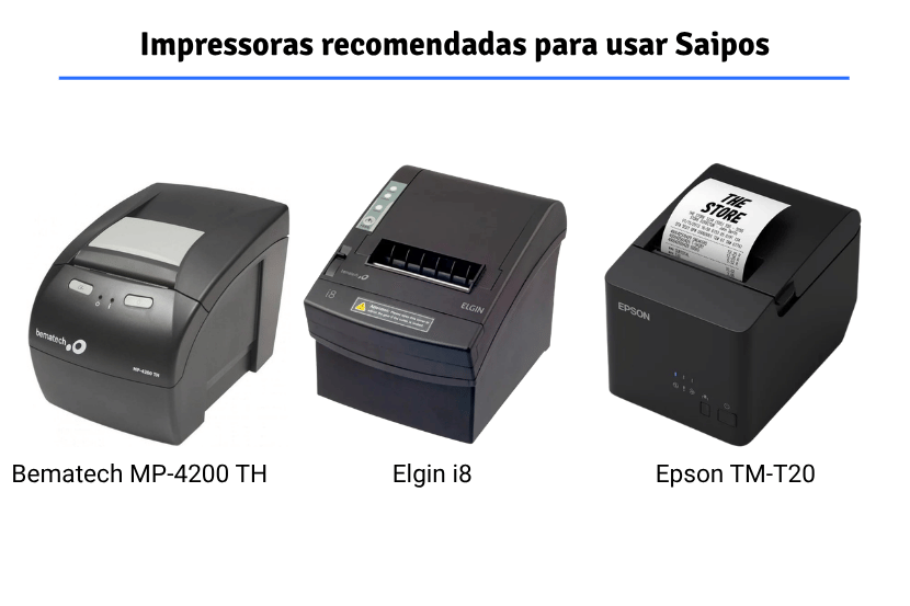 Três impressoras térmicas: Bematech MP-4200 TH, Elgin i8 e Epson TM-T20. Título: "Impressoras recomendadas para usar Saipos".