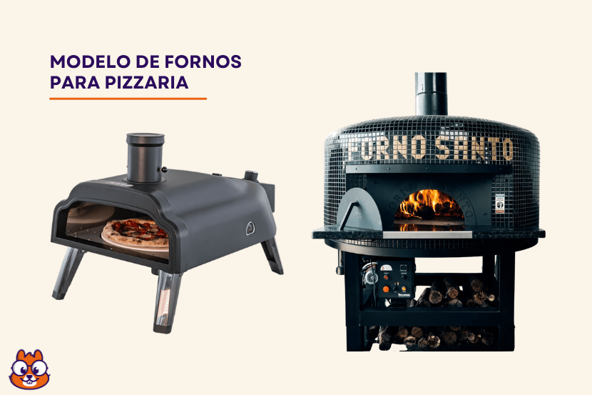 Dois modelos de fornos para pizzaria: forno portátil compacto preto com pés à esquerda contendo pizza no interior, e Forno Santo com cúpula revestida em pastilhas, chaminé e compartimento inferior para lenha à direita