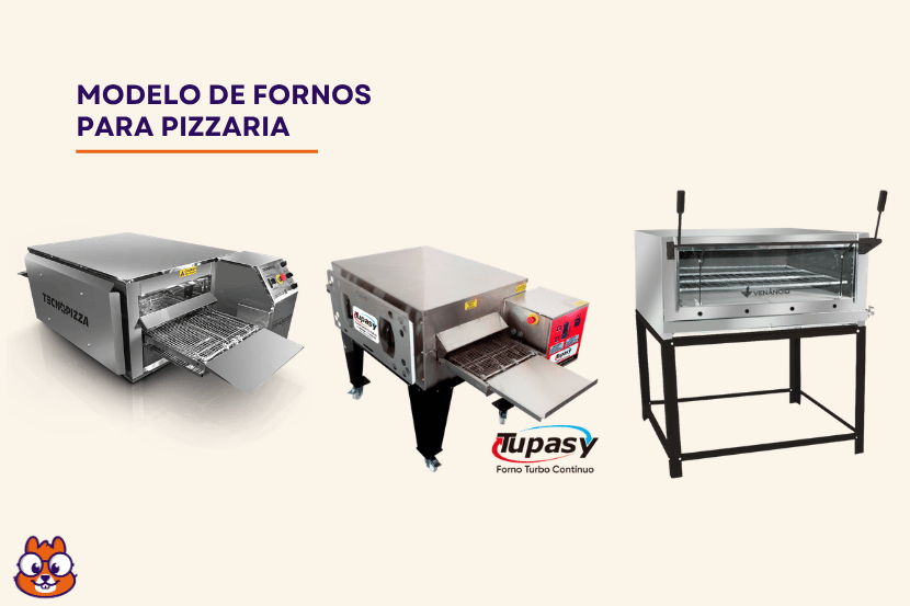 Três modelos de fornos para pizzaria: forno esteira automatizado Tecnopizza à esquerda, forno Tupasy turbo contínuo com painel vermelho ao centro, e forno Venâncio sobre estrutura metálica à direita