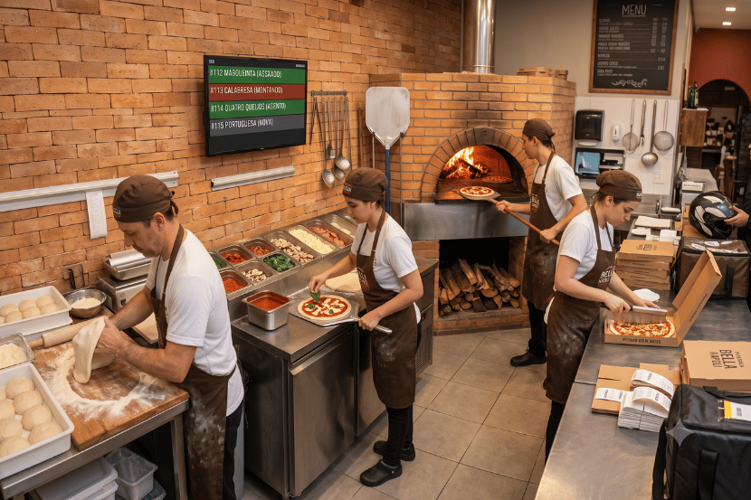 Equipe de pizzaria trabalhando em cozinha com forno a lenha: funcionários preparam massa, montam pizzas, assam e embalam pedidos para delivery em ambiente com parede de tijolos
