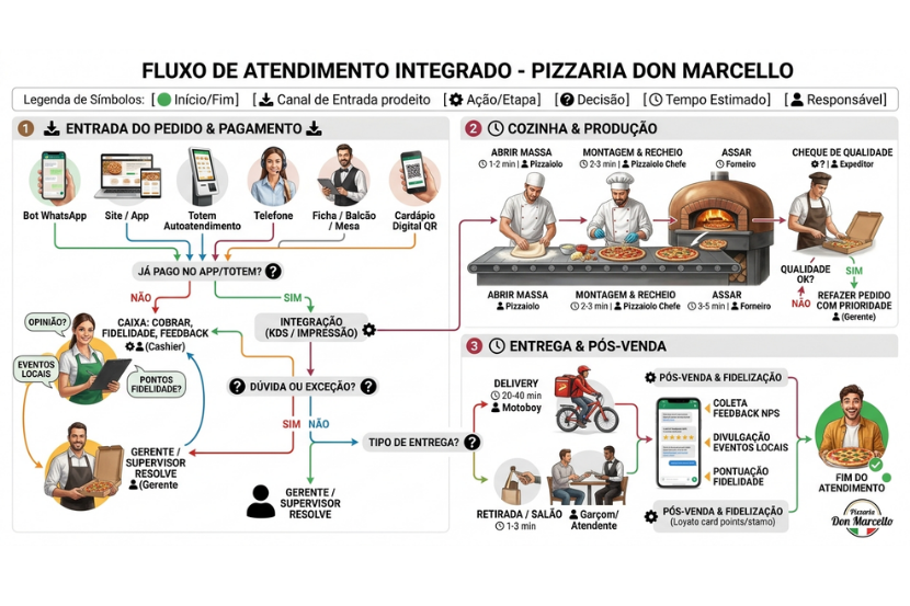 Exemplo de fluxograma de atendimento para pizzaria mostrando o passo a passo desde a chegada do pedido até a finalização, com símbolos visuais para cada etapa do processo