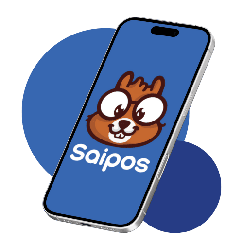 Celular moderno em pé, com tela azul mostrando o mascote da Saipos, um esquilo de óculos, e o logotipo “Saipos” abaixo. Fundo com círculos azuis. Representa o aplicativo de controle de vendas da Saipos.