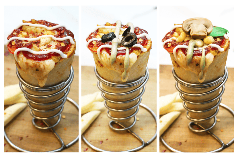 três tipos de pizza no cone de sabores diferentes