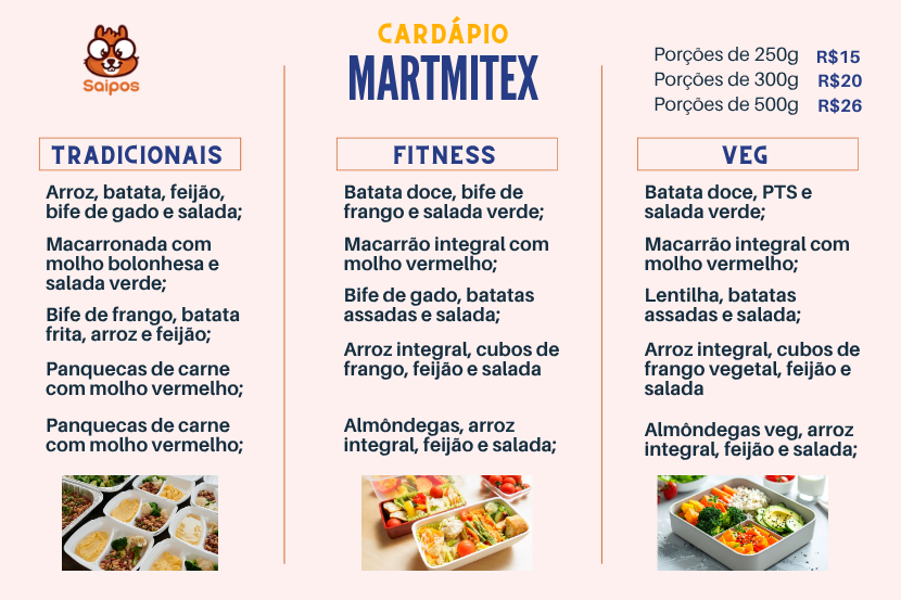 Imagem do cardápio MartMiteX com opções tradicionais, fitness e vegetarianas, incluindo pratos de arroz, macarrão, frango e saladas, ideal para uma alimentação equilibrada.