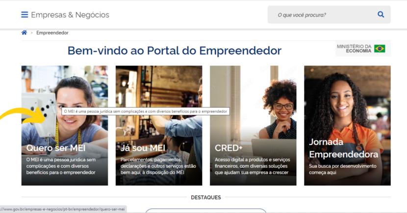 print do site do PORTAL DO EMPREENDEDOR indicando a primeira opção "QUERO SER MEI" - Saipos