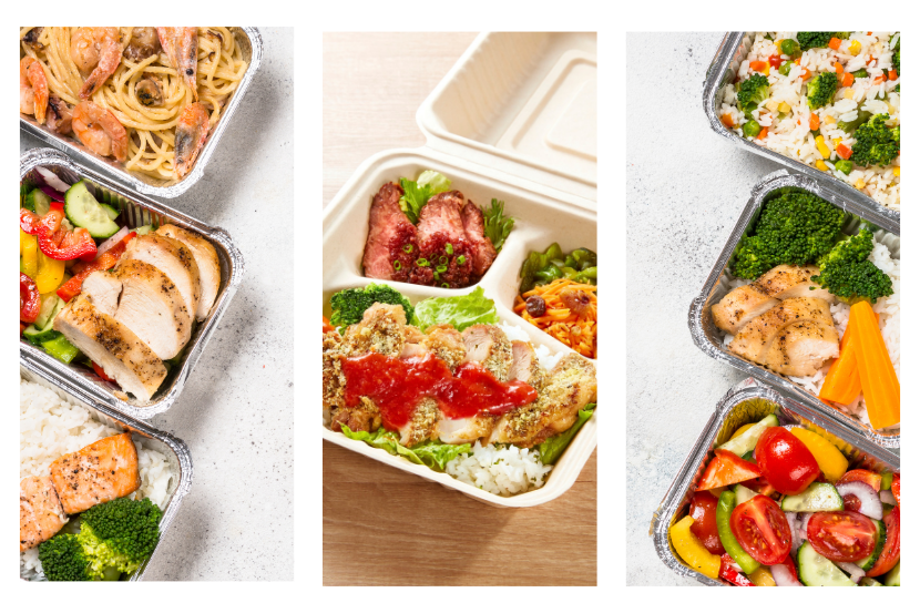 Diversos pratos de comida de marmita com alimentação saudável, incluindo carnes, saladas e acompanhamentos coloridos, ideal para quem busca refeições práticas e nutritivas.