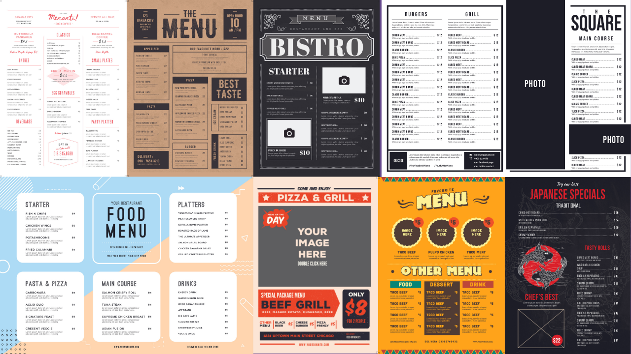 Coleção de diferentes modelos de cardápios de restaurantes, incluindo menus para bistrô, pizza e grill, destacando opções de comidas e bebidas em designs variados.