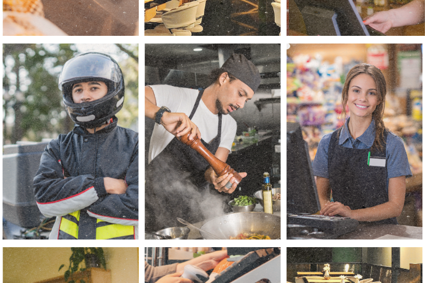 imagem mostrando um motoboy, um cozinheiro e uma gerente de caixa 
