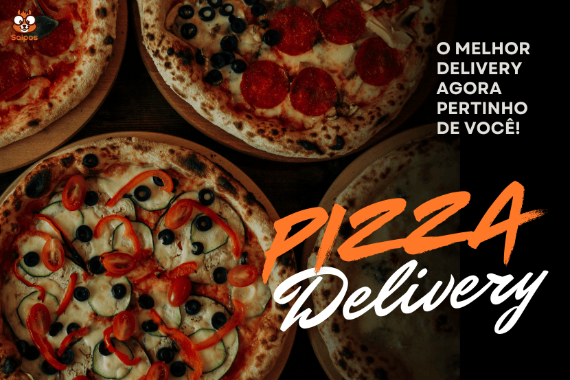 Banner exemplificando um anúncio de pizza, com fotos de pizzas diversas ao fundo, a descrição "o melhor delivery agora pertinho de você" e o dizer "PIZZA DELIVERY' em branco e amarelo. 